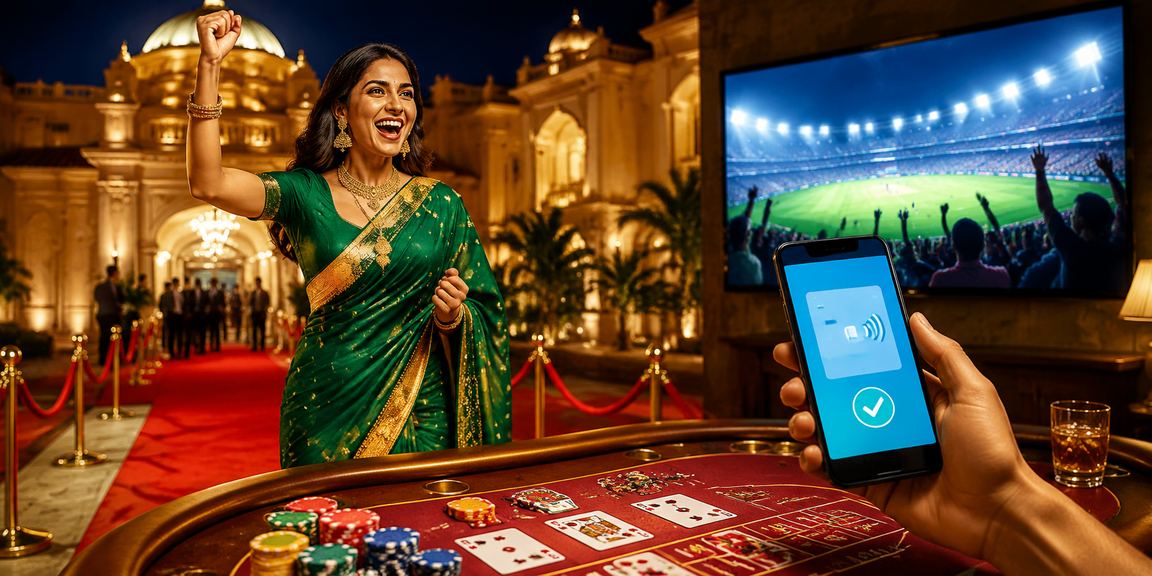 Indian woman in traditional saree enjoying casino baccarat scene